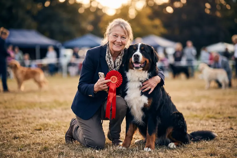 Ausstellerin mit Berner Sennenhund und Rosette nach dem Richten (KI-generierte Illustration)