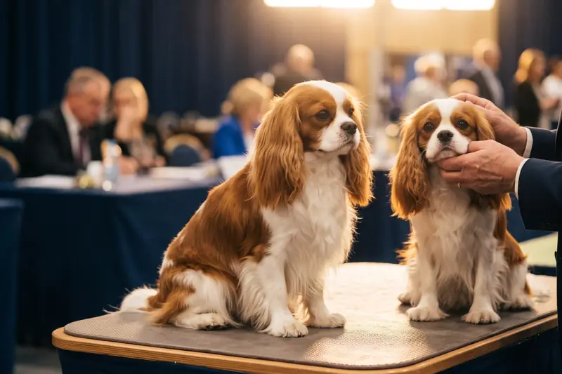 Two Cavalier King Charles Spaniels on the judging table (AI-generated illustration)