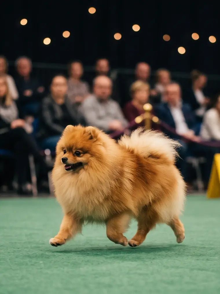 A Pomeranian gaiting on the green ring (AI-generated illustration)