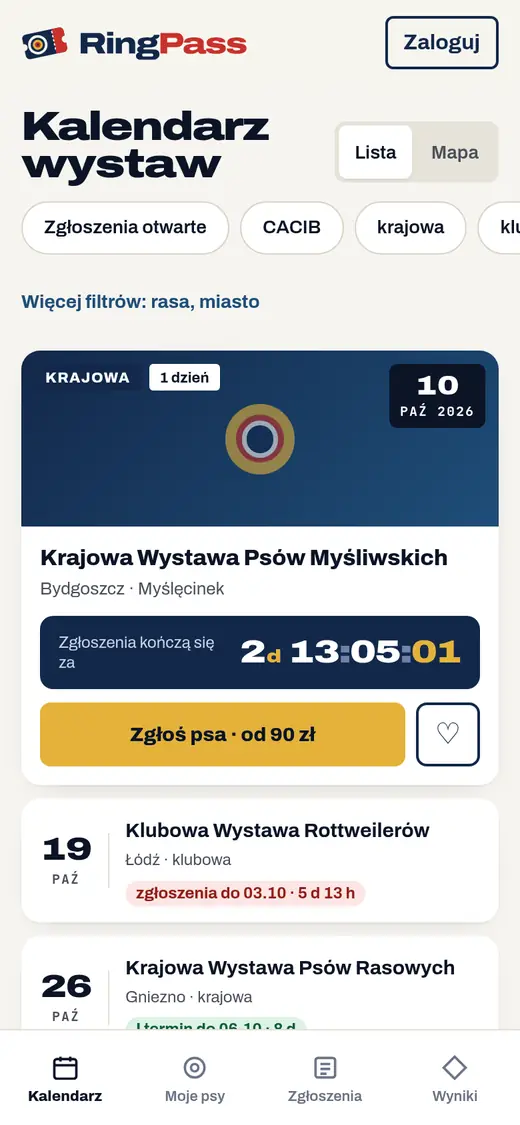 Kalendarz wystaw w aplikacji RingPass na telefonie