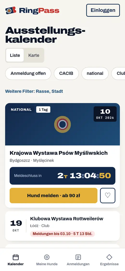 Ausstellungskalender in der RingPass-App auf dem Handy